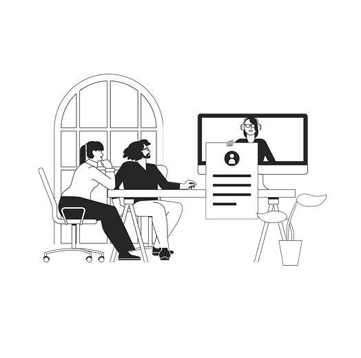 Man and woman in the office conduct an online interview with an candidate by internet